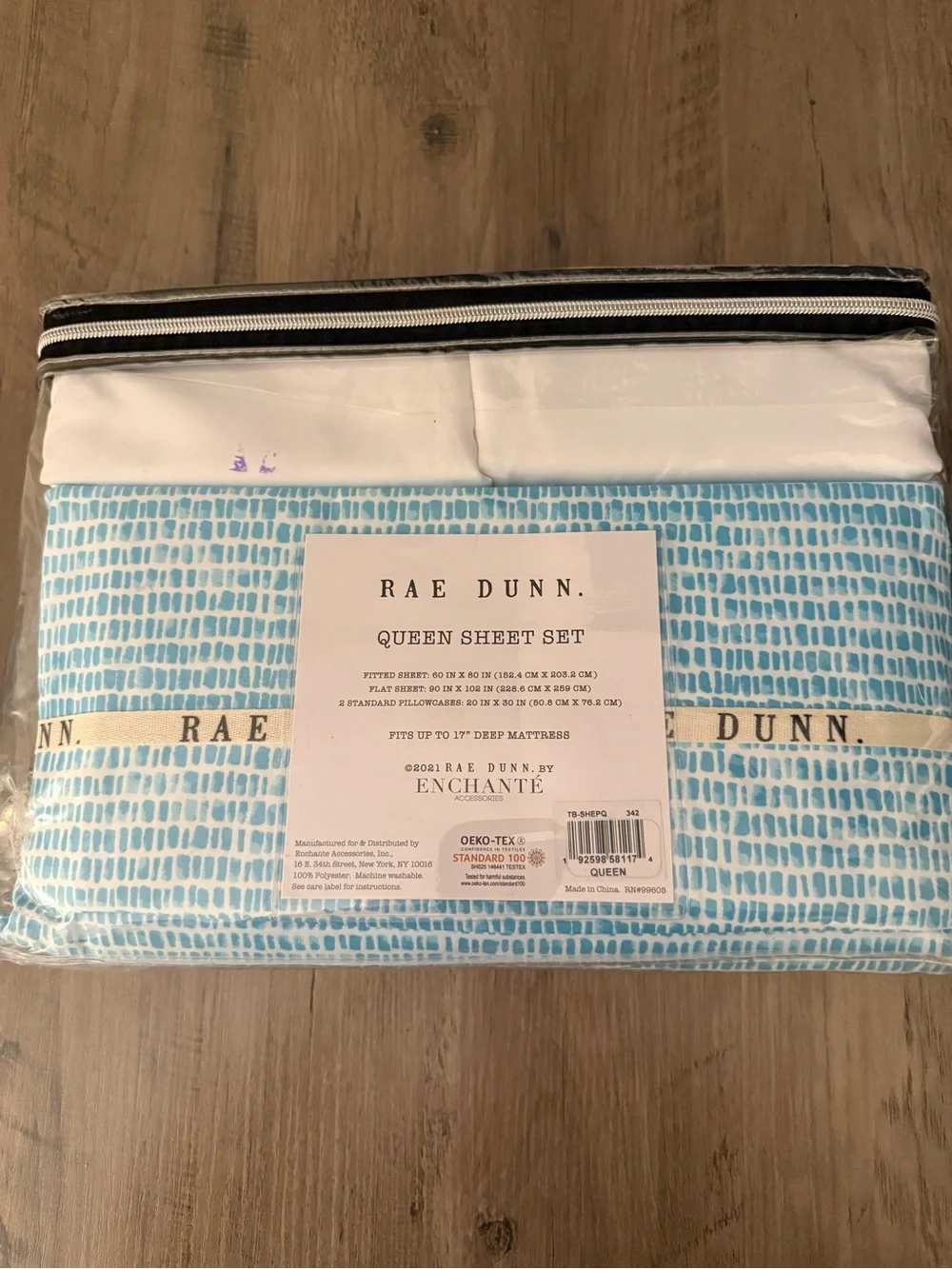 Rae Dunn Blue & White Queen Sheet Set with Embroidered 'SLEEP' Pillowcases